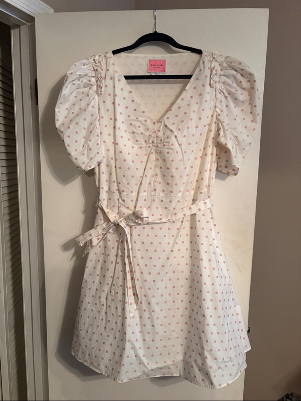 KATE SPADE Size Large White Mauve Cotton Polka Dot Lined Puff Sleeves Mini Dress